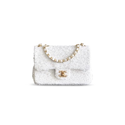 CHANEL MINI CLASSIC FLAP BAG PEARL AND SEQUINS & GOLD METAL WHITE 295846 (20*12*6cm)